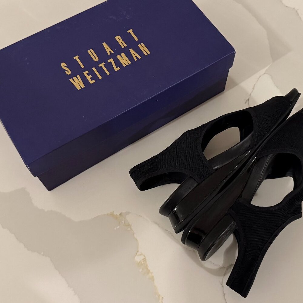 Stuart Weitzman Black Sandals Nylon Micro Stretch Wedge Heel 6.5 AA